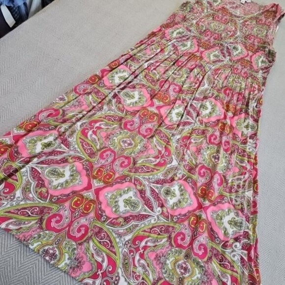 Croft & Barrow Midi Dress Large Pink Paisley Smocked Sleeveless Fit & Flare - Picture 2 of 12